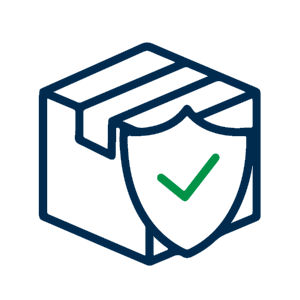 Un icono minimalista de una caja sellada con un escudo protector y una marca de verificación, que simboliza el embalaje seguro o verificado.