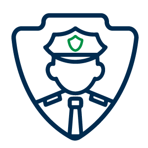 Ícono de un oficial de policía con uniforme y gorra, representado dentro de un escudo, en colores azul y verde.