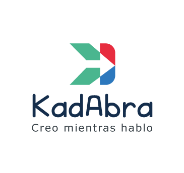 Mercadeo Logotipo de mercadeo kadabra, que presenta una letra 'k' estilizada y colorida junto al texto "kadabra" en negro y el lema "creo mientras hablo" debajo