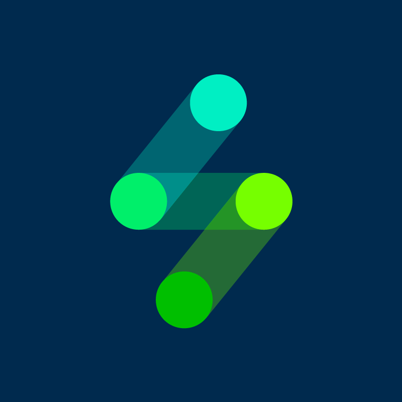 Imagen abstracta que presenta dos letras 'b' estilizadas superpuestas en tonos verde y verde azulado sobre un fondo azul oscuro, diseñada como parte del material marca.