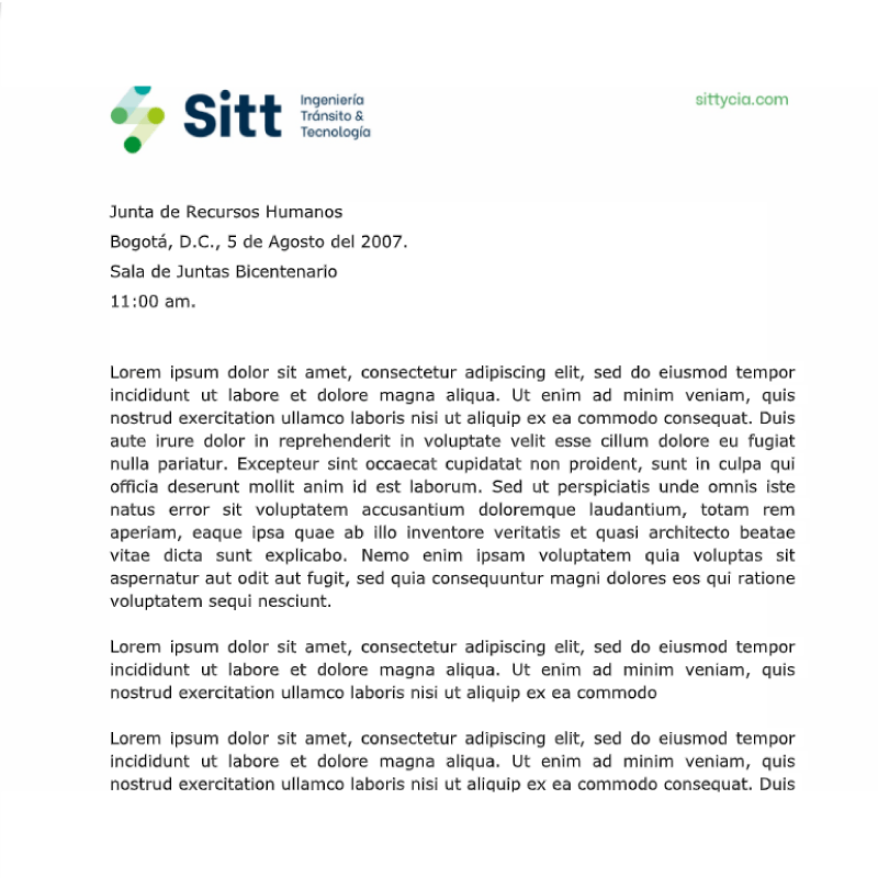 Documento con membrete de Sitt Ingeniería y Tecnología, texto en español, fechado en Bogotá, D.C., 5 de agosto de 2007, con texto de materiales de marketing.