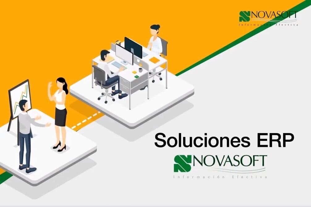 Ilustración de un entorno de oficina con cuatro personas y ordenadores, promocionando "soluciones erp novasoft" para gestión financiera.