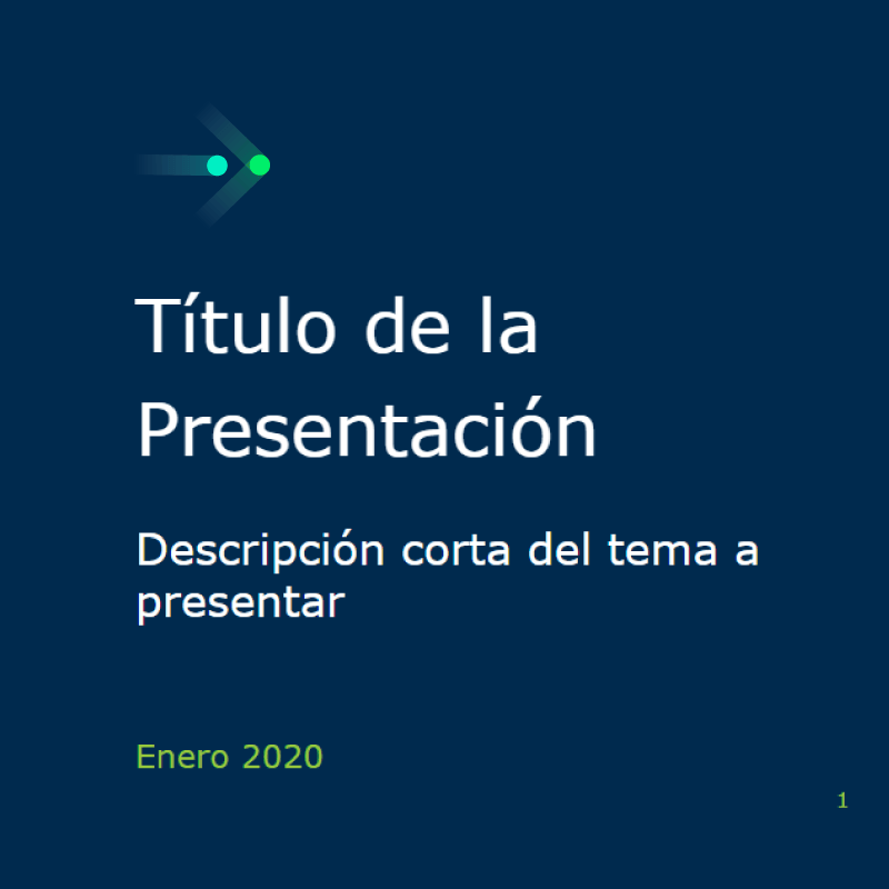 Diapositiva de título de una presentación en español, denominada "título de la presentación", con subtítulo y fechada en enero de 2020, con un fondo azul simple y el logotipo de la marca en verde.