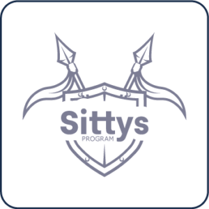 Logotipo que presenta ejes gemelos estilizados sobre un escudo con el texto "Programa Sittys" en una fuente moderna, todo en un esquema de color gris monocromático.