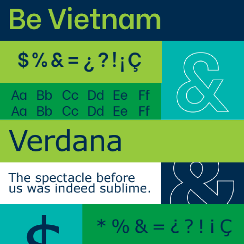 Gráfico que muestra la fuente Verdana con fines de marca, que muestra caracteres, símbolos y un texto de muestra "nosotros espaciados antes". en colores verde y azul.
