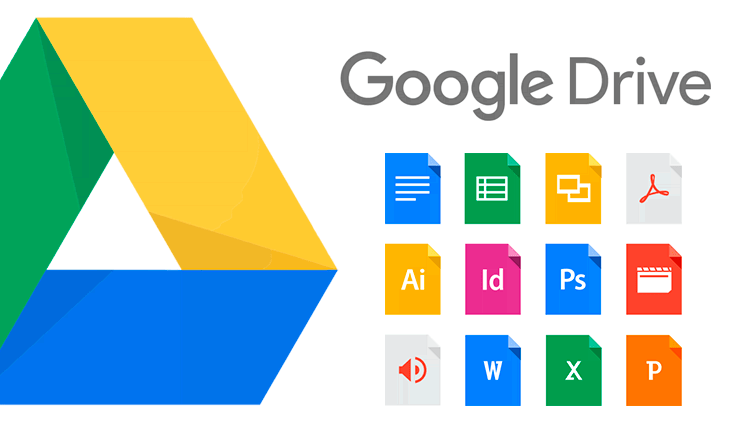 Gráfico del logotipo de Google Drive con varios íconos de tipos de archivos, como documentos, hojas de cálculo e imágenes que ilustran diversas aplicaciones.