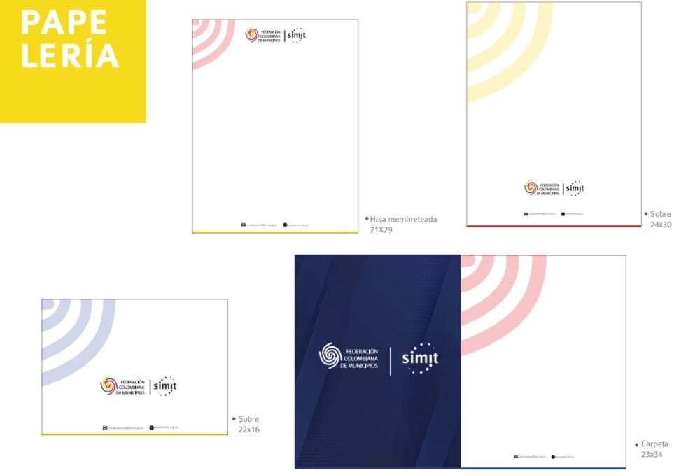 Mercadeo Cuatro variaciones de diseños de papelería para "papelería" y "simit", con motivos abstractos coloridos y ubicación de texto y logotipos en diferentes colores de fondo, optimizados como herramientas de marketing.