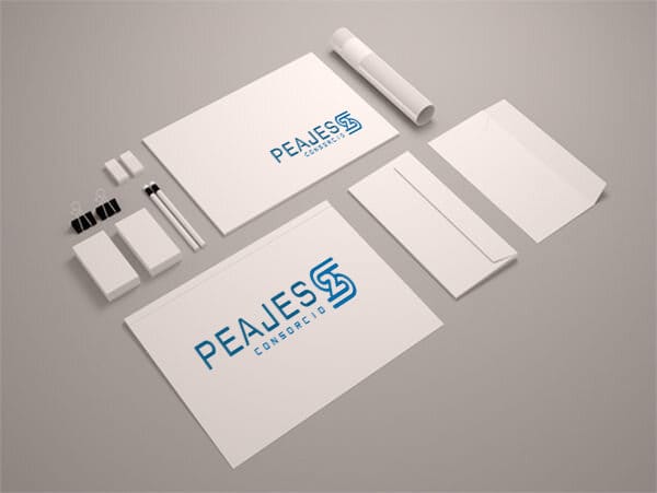 Mercadeo Maqueta de set de papelería con un diseño minimalista que presenta el logo "Mercadeo pealess consortium", que incluye tarjetas de presentación, bolígrafos y membretes sobre un fondo neutro.