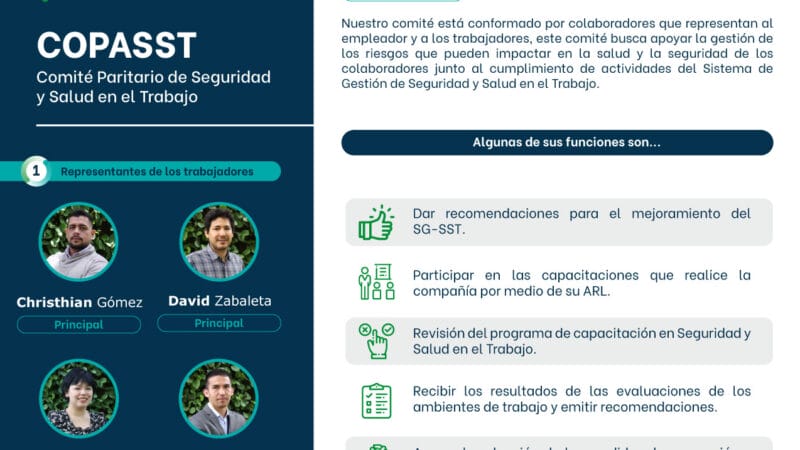 Una infografía titulada "comité socio en seguridad y salud en el trabajo - sott", que presenta fotografías y nombres de cuatro representantes, junto con una breve descripción de las funciones del comité en español.