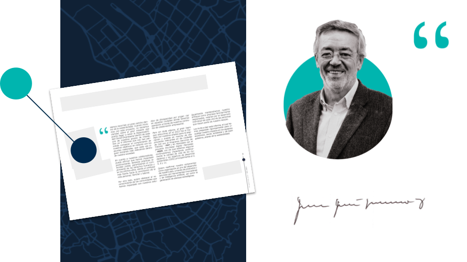 Diseño gráfico que presenta un documento abierto con texto y comillas, junto a un retrato circular de un hombre sonriente y una firma simulada, destacando los puntos más relevantes de nuestra gestión durante 2023.