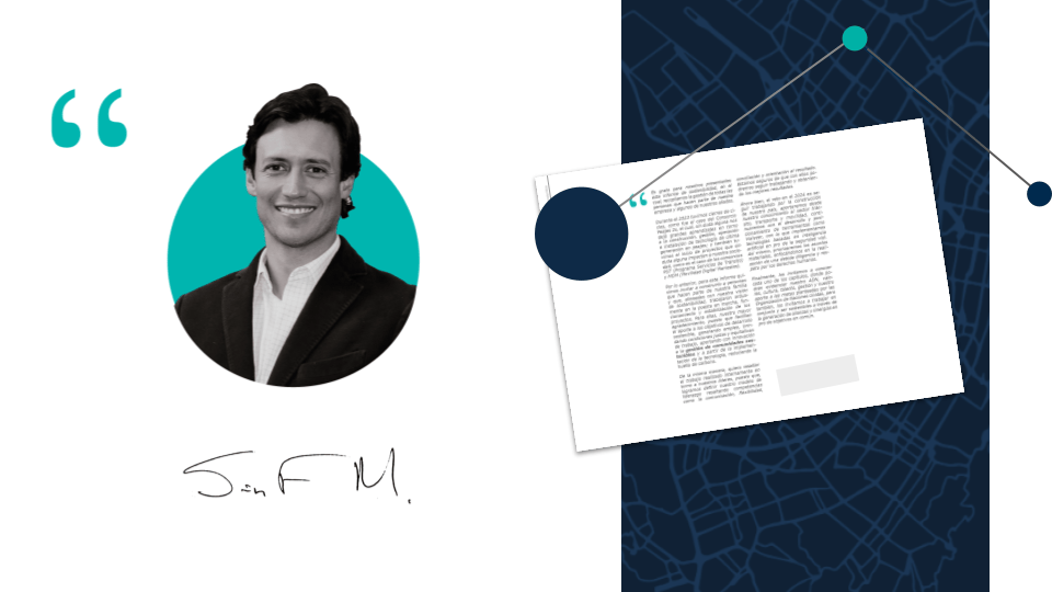 Gráfico dividido en dos partes: a la izquierda, un hombre sonriente vestido con traje en un círculo verde azulado, te presentamos los puntos más relevantes de nuestra gestión durante el año 202