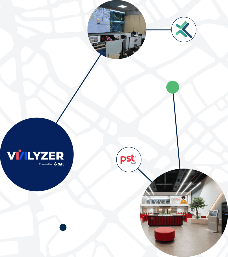 Póster gráfico que presenta un diseño de red azul, con imágenes incrustadas de una oficina y un área de recepción, y logotipos de "vilyzer", "powered by 4sitt" y "pst". El
