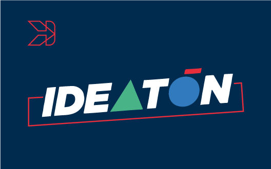 Logotipo que presenta la palabra "ideación" en letras blancas dentro de un marco rectangular rojo y azul sobre un fondo azul oscuro, acompañado de un ícono geométrico estilizado en rojo y verde.