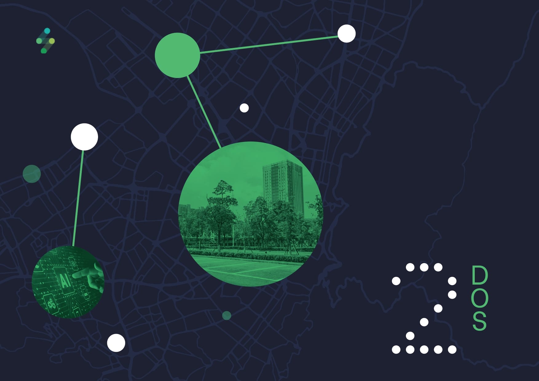 Superposición gráfica de múltiples nodos conectados en un mapa digital, con una imagen insertada de la escena de un parque de la ciudad, destacando "Te presentamos los puntos más relevantes de nuestra gestión durante el año 202