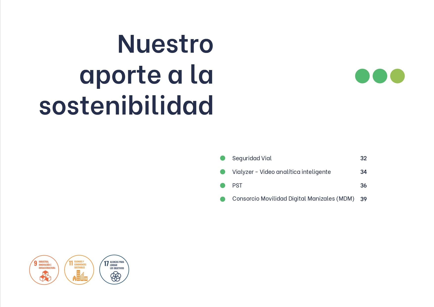 Diapositiva titulada "Te presentamos los puntos más relevantes de nuestra gestión durante el año 2023" en español, que presenta una lista de proyectos de sostenibilidad con tres viñetas e íconos para las categorías de proyectos.