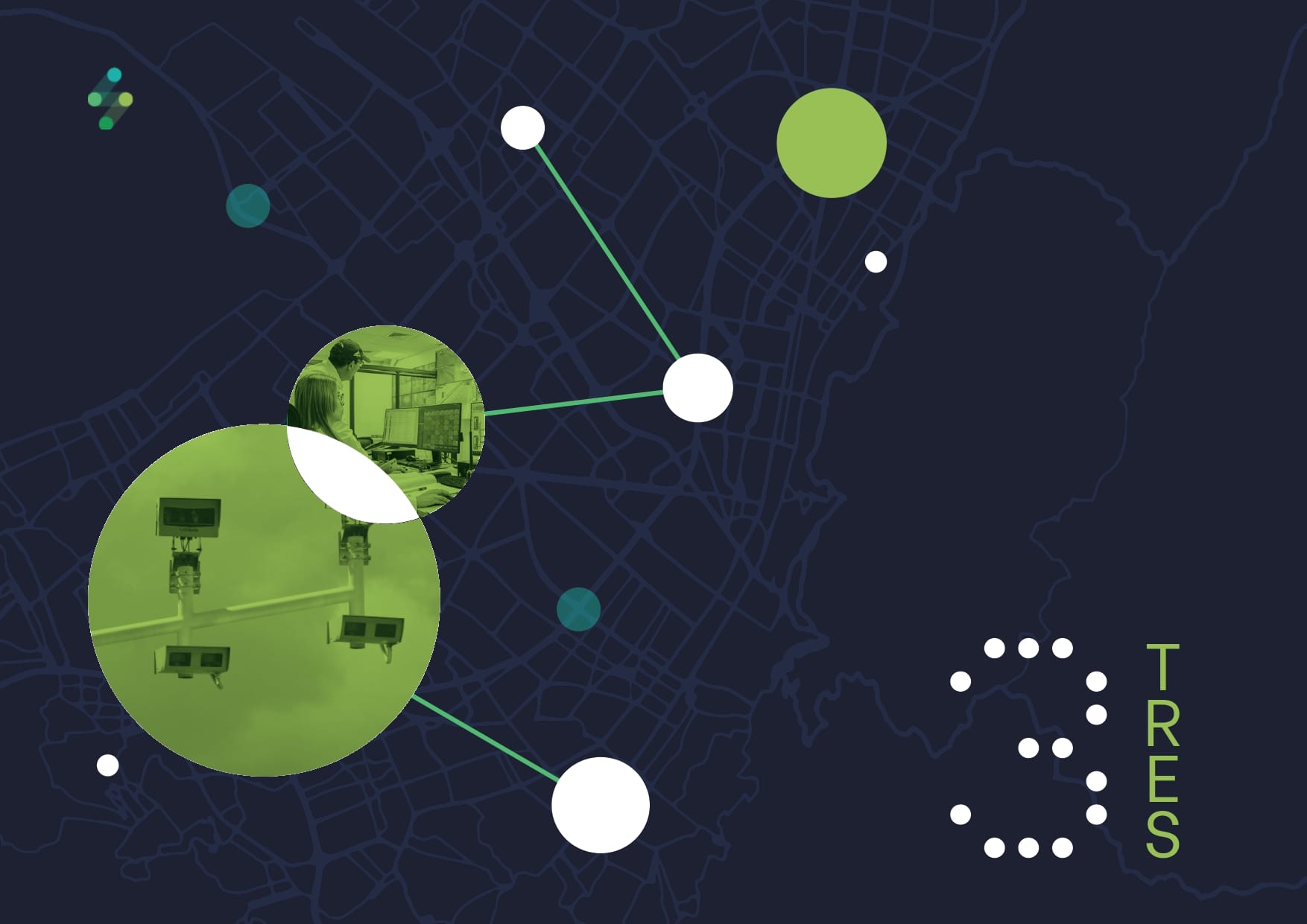 Un fondo de mapa digital con nodos y líneas de red abstractas, que presenta dos círculos verdes ampliados que contienen imágenes de tecnología; La palabra "gestión" es parcialmente visible en blanco.