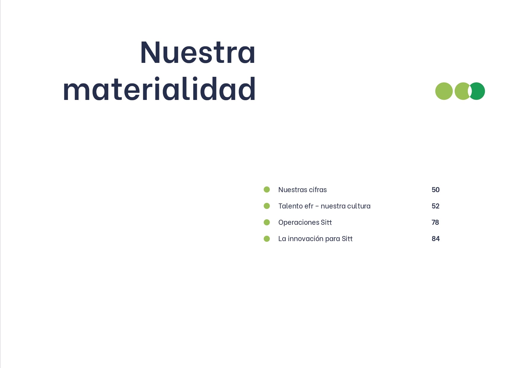 Diapositiva titulada "Nuestra Materialidad" con una lista de temas y números: te presentamos nuestras cifras 50, operaciones sitio 52, talento rr - nuestra cultura 84,