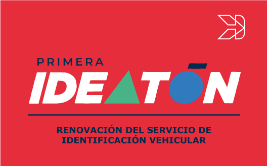 Texto "Primera Ideatón" con triángulo verde y círculo azul, sobre fondo rojo, promueve la renovación del servicio de identificación de vehículos.