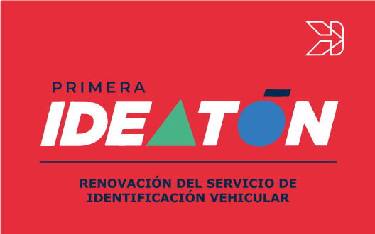 Texto «Primera Ideatón» con triángulo verde y círculo azul, sobre fondo rojo, promueve la renovación del servicio de identificación de vehículos. Texto "Primera Ideatón" con triángulo verde y círculo azul, sobre fondo rojo, promueve la renovación del servicio de identificación de vehículos.