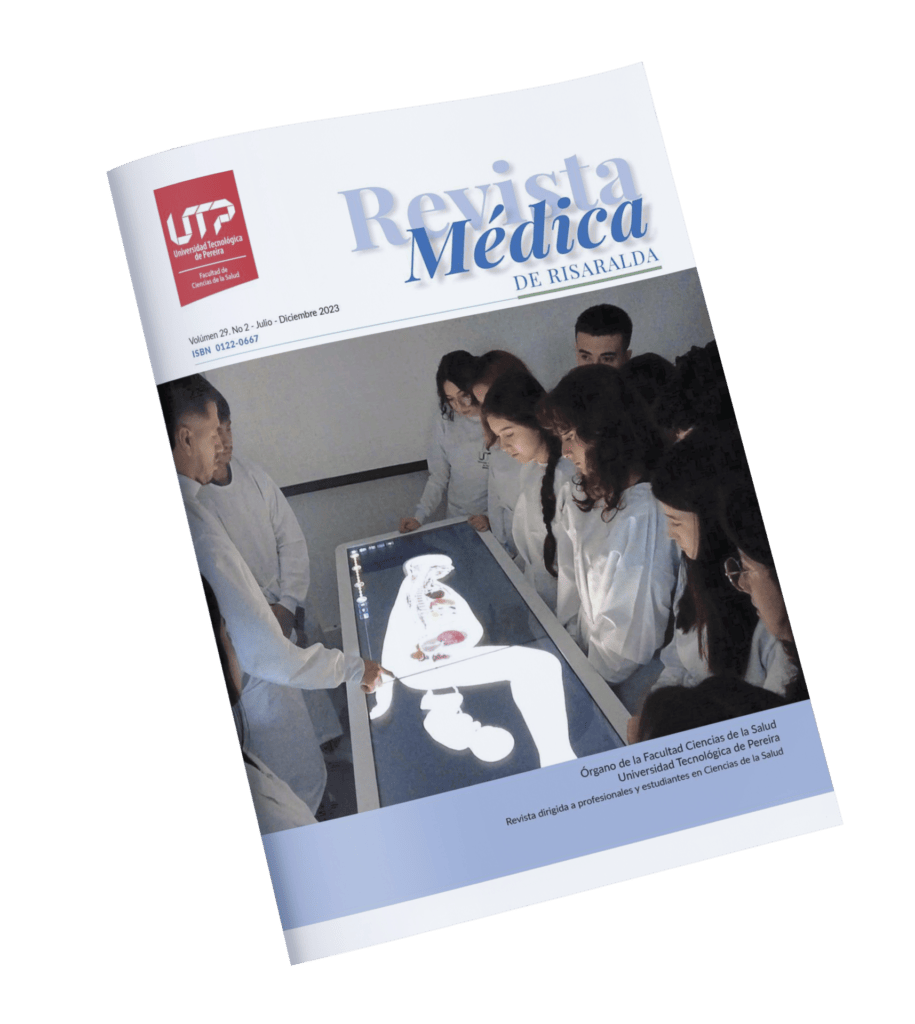 Portada de "Revista Médica de Risaralda" que muestra a un grupo de estudiantes de medicina con batas blancas reunidos alrededor de una mesa de estudio anatómico iluminada.