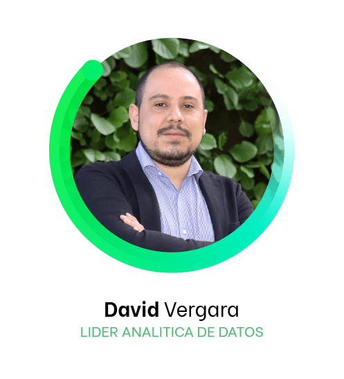 Un hombre llamado David Vergara, identificado como "LIDER ANALITICA DE DATOS", aparece en una imagen con marco circular y fondo verde donde destaca el follaje. Líderes como David conectan perfectamente los datos con la naturaleza.