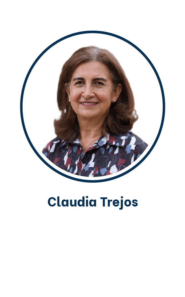 Una mujer con el pelo castaño hasta los hombros y una blusa estampada sonríe. El texto a continuación dice "Claudia Trejos, efr Bitacora.