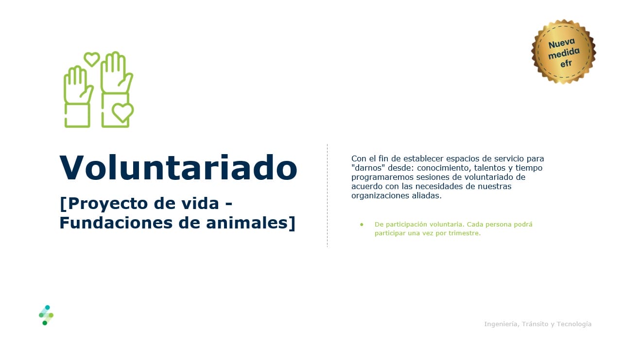Un cartel promocional para un proyecto de voluntariado llamado "Proyecto de vida Fundaciones de animales", destacando oportunidades de servicio y especificando nuevas pautas de participación, ahora protagonizado por Bitacora efr.