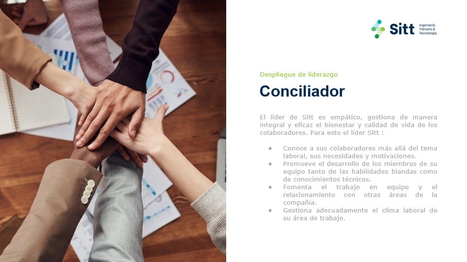 Grupo de personas juntando las manos en un gesto de trabajo en equipo. El texto del lado derecho analiza las cualidades de liderazgo, enfatizando la empatía, el compromiso del equipo y la atmósfera de trabajo.