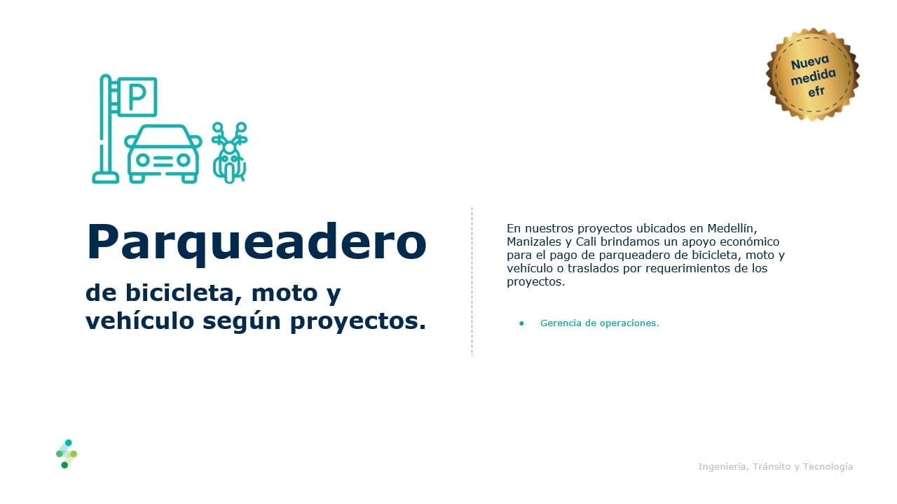Un cartel titulado "Parqueadero" con íconos de estacionamiento para bicicleta, motocicleta y automóvil. Texto indica apoyo de estacionamiento para proyectos en Medellín, Manizales y Cali. Una insignia dice "Nueva medida eff." Incorpora palabras clave SEO para mejorar la visibilidad.