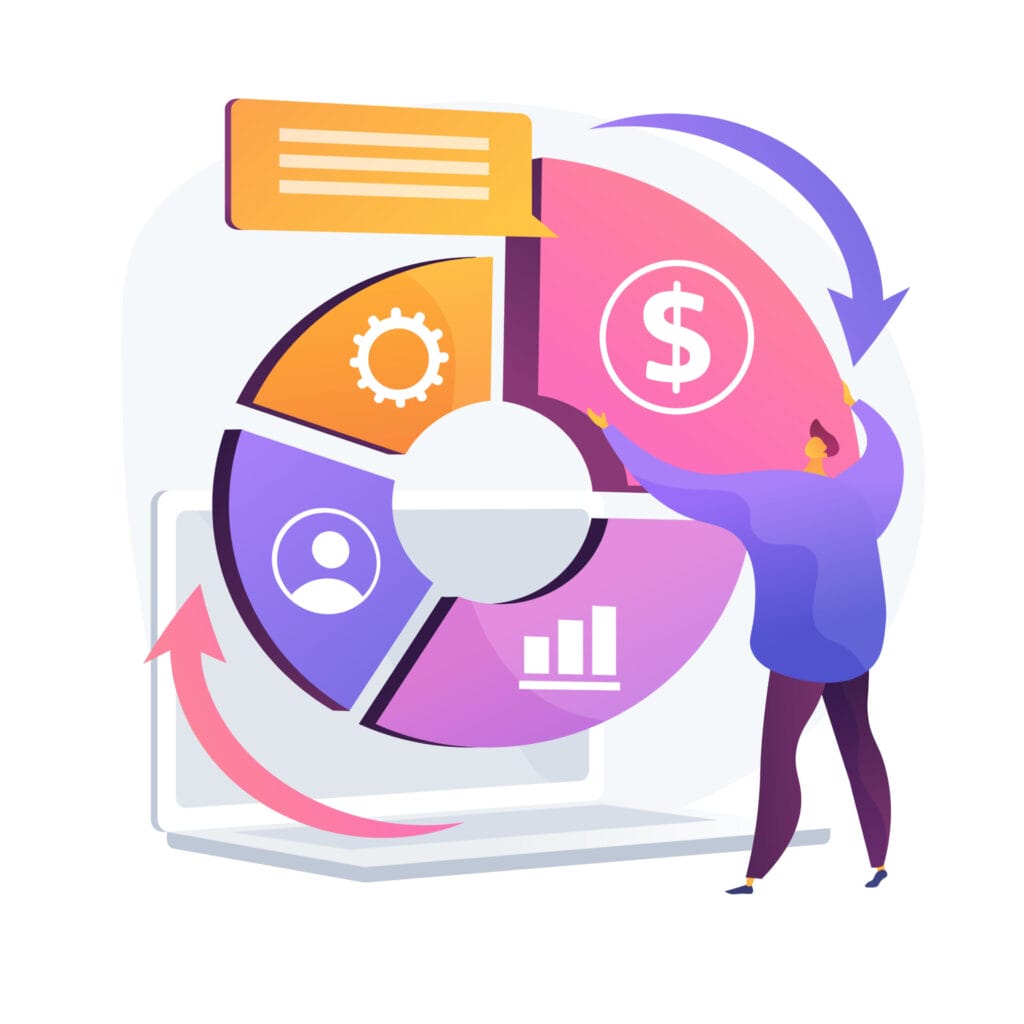 Ilustración de una persona interactuando con un colorido gráfico circular con íconos de dólar, engranaje, usuario y gráfico de barras, que simboliza varias métricas y análisis de negocios en línea con los principios de Planeación Estratégica y Cuadro de Mando Integral.