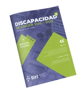 Un folleto titulado "Discapacidad de Origen Vial DOV" con detalles del evento para Bogotá, Colombia en 2019, organizado por Sett, que aborda la problemática de la seguridad vial.