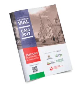 Portada de un informe titulado "Caracterización de Origen Vial Cali 2017: Estudio Descriptivo y Analítico" que presenta un paisaje urbano, varios logotipos y propuestas clave que abordan la seguridad vial.