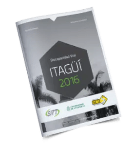 Portada en escala de grises de un documento titulado "Discapacidad Vial Itagüí 2016", con logotipos del SITP, la Gobernación de Antioquia y la Alcaldía de Itagüí. Al fondo aparecen palmeras, destacando la visibilización de los temas de seguridad vial en la región.
