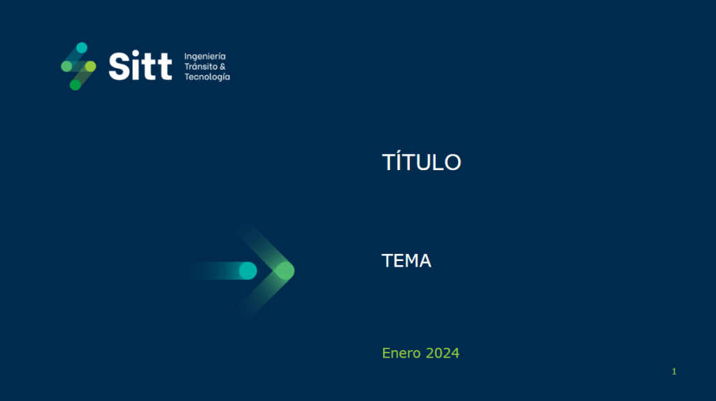 Una diapositiva de presentación con el logo y nombre "Sitt" con "Ingeniería Tránsito & Tecnología". La diapositiva incluye el texto "TÍTULO", "TEMA" y "Enero 2024" sobre un fondo azul oscuro.