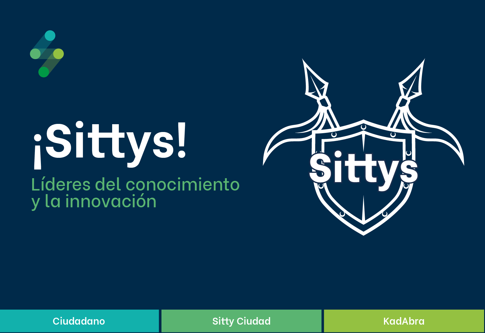 Logotipo de "Sittys" con el lema "Líderes del conocimiento y la innovación". A continuación hay tres secciones denominadas "Ciudadano", "Sitty Ciudad" y "KadAbra". El fondo es azul oscuro, con un escudo y un gráfico de lanzas cruzadas.